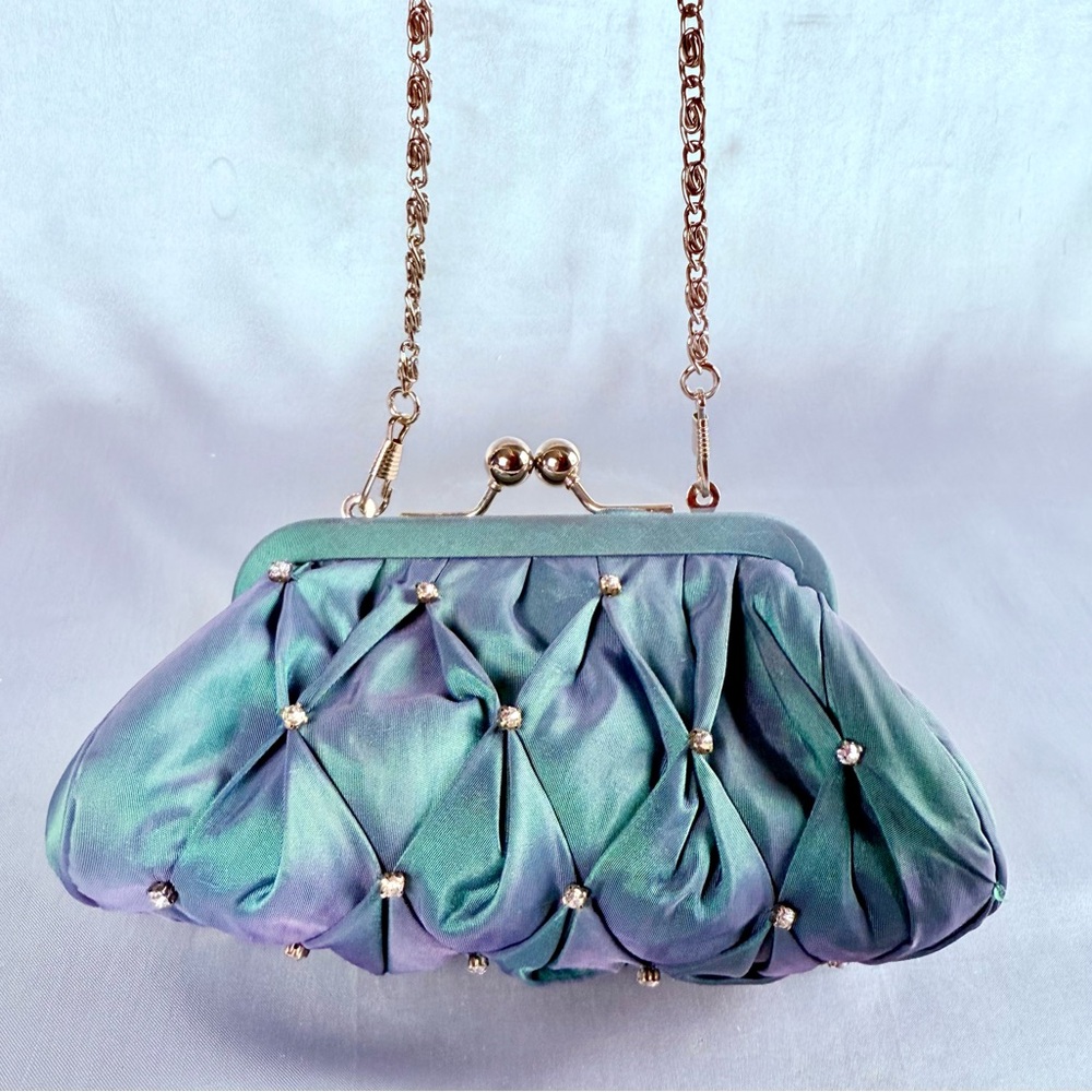 Paris Hilton Mini Bag Fairy Dust Silk Taffeta Pleated Rhinestones Kiss Lock